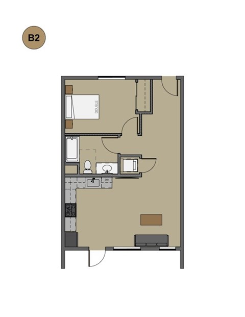 A floor plan of a room with a desk, a bed, and a wardrobe.